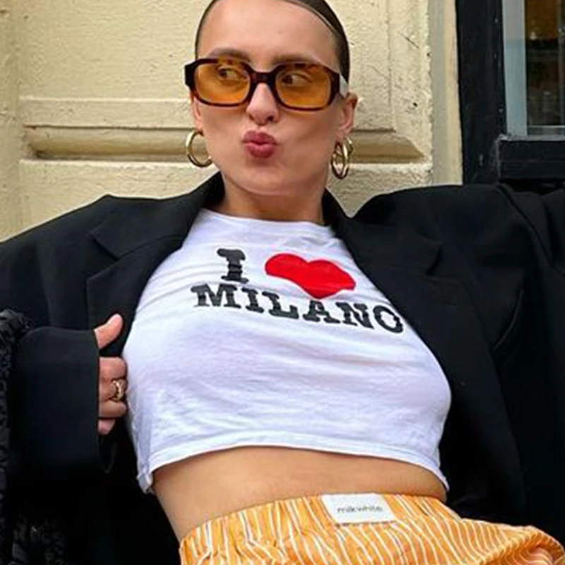 I Love Milano Print Y2k Aesthetic Gothic Harajuku Vintage Crop Tops Short Sleeve T-shirts Summer Women Clothes Streetwear 2000s