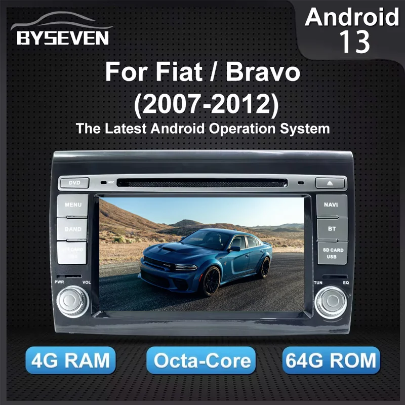 BySeven Android 13 For Fiat Bravo 2007-2012 Car Multimedia Player GPS Navigation Head Unit Stereo IPS DSP 2din Video Player