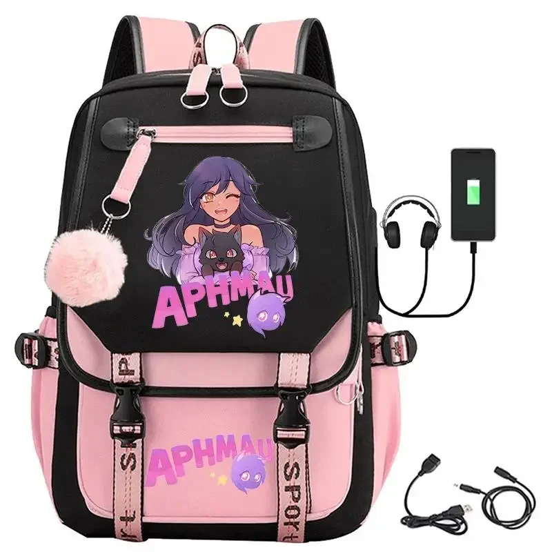 Aphmau 프린트 백팩, USB 충전 학교 가방, 십대 소녀 노트북 가방, 어린이 만화 책가방, 학생 배낭, 패션