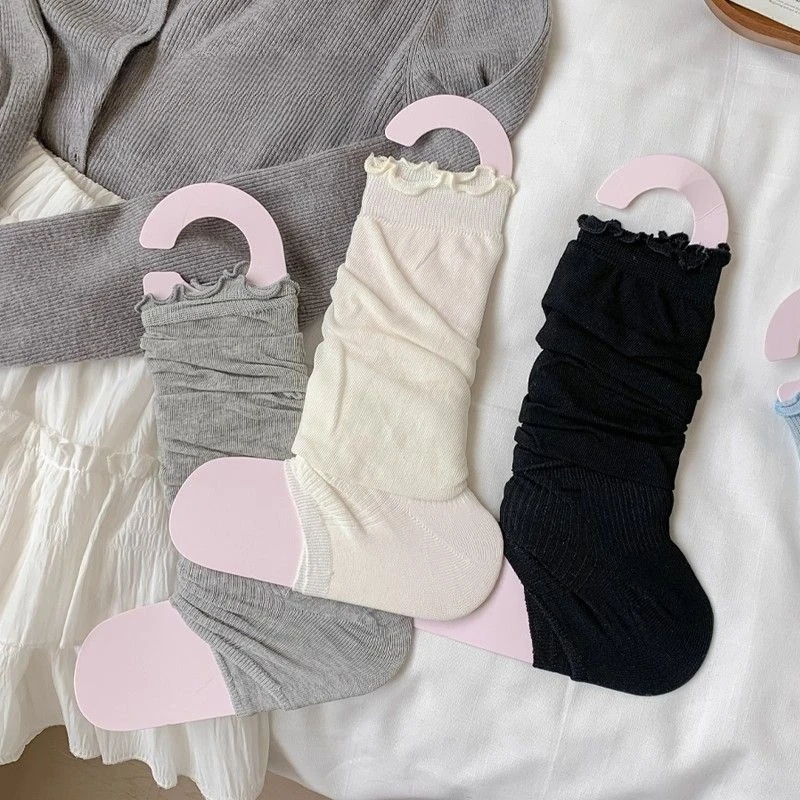 Women Thin Cotton Stirrup Legwarmers Ballet-style Ruffled Edge Pile-up Knee High Socks Japanese Knitted Boots Footed Leg Covers