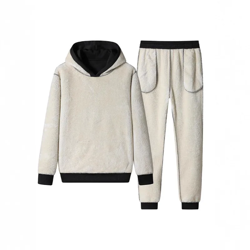 Warme Fleece-Kapuzenpullover für Herren, einfarbig, lässig, Kordelzug-Kapuzenpullover + Hose, verdickt, winddicht, mit Tasche, Winter-Sweatshirt