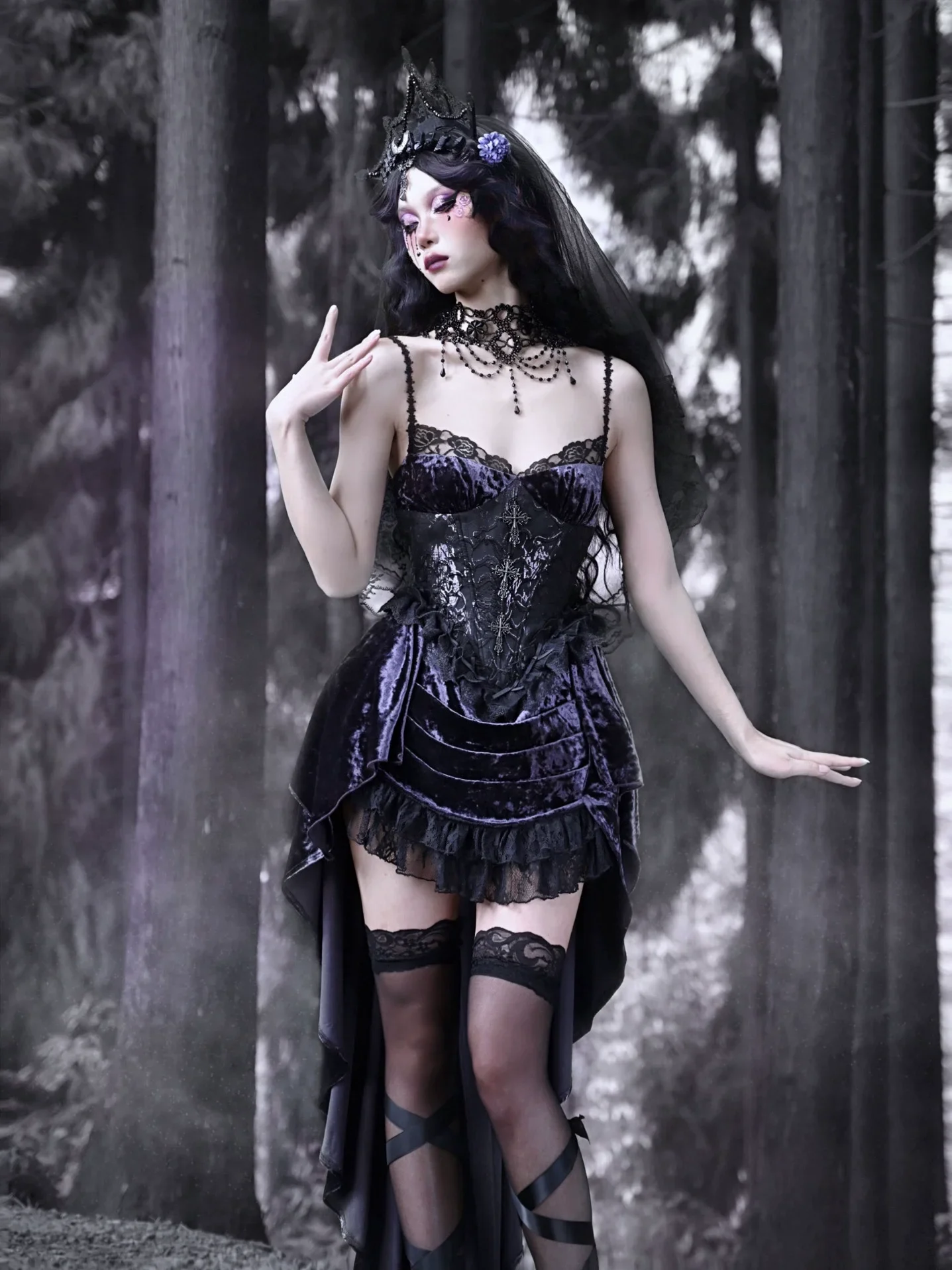 

Jacquard Lace Trail Heavy Asymmetric Gothic Suspended Dresses Blood Supply New in 2025 Women Velvet Purple Slip Dress