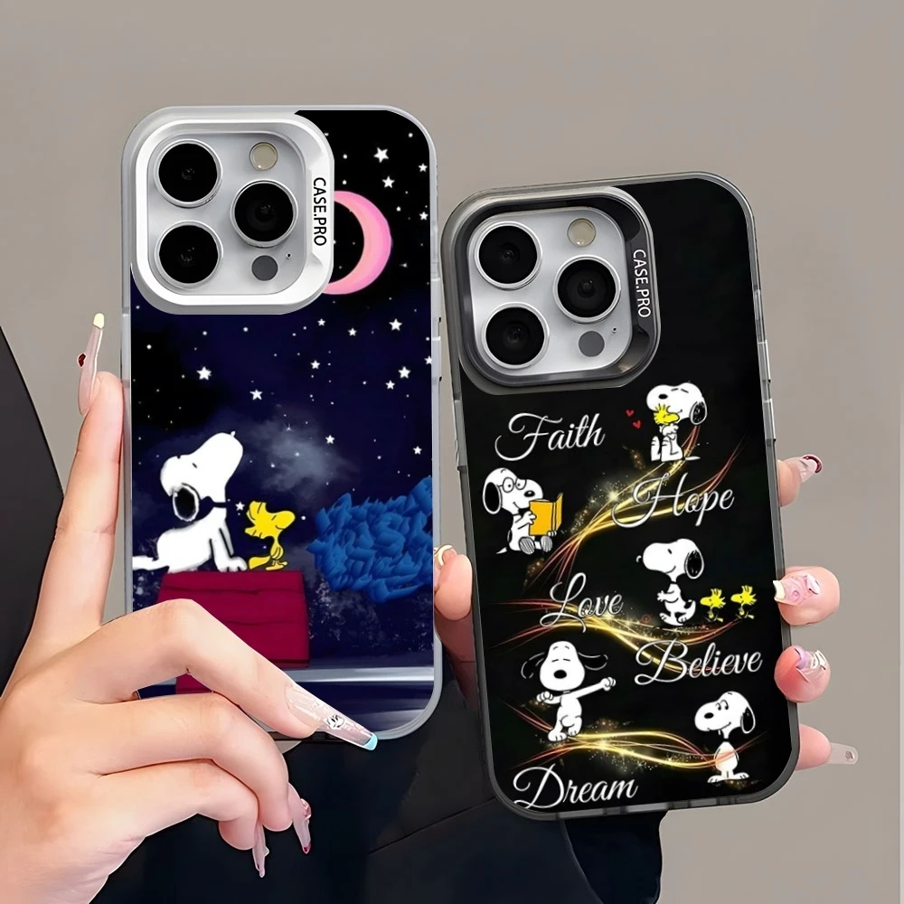 S-Snoopys Cute Cartoon Phone Case Colored Silver Trendy Phone Case For IPhone 16 15 14 13 12 Pro Max 11 2024 Fashion Couple