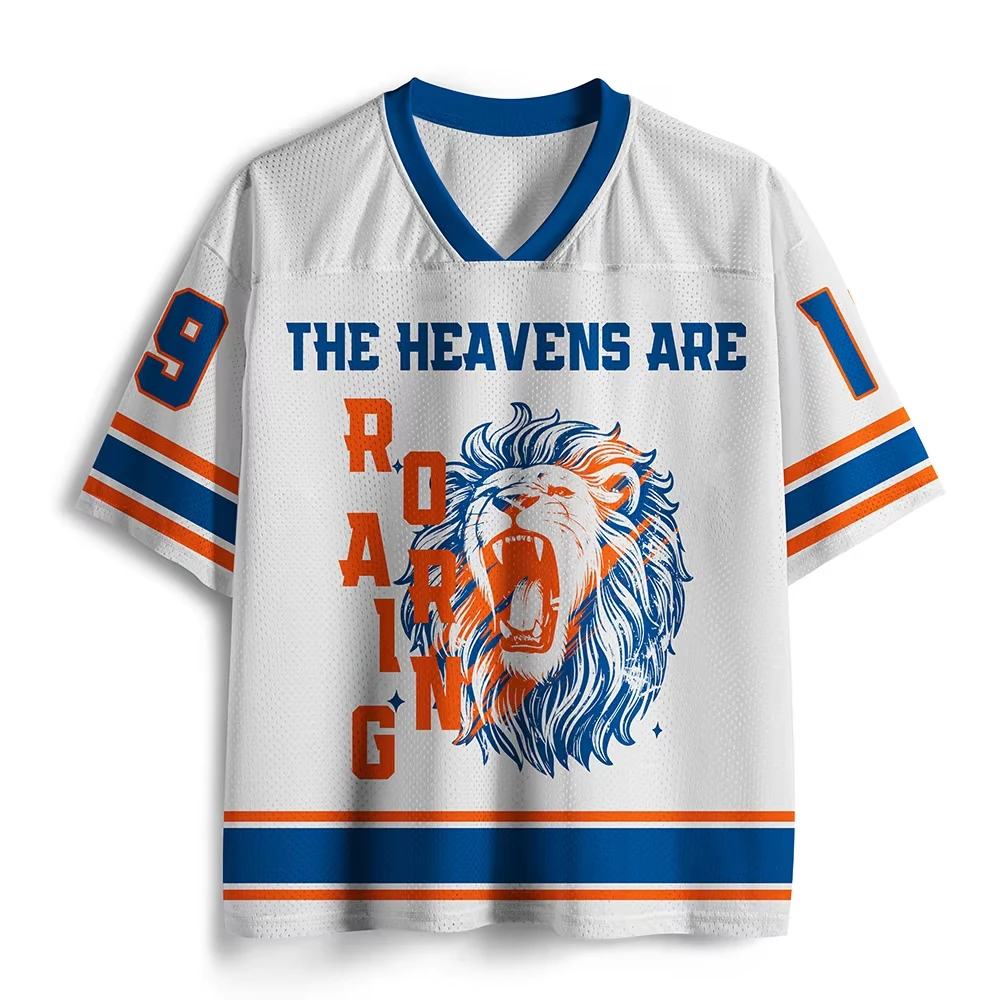 Men Y2K Hip‑Hop Mesh Short Sleeve Top Lion Animal Print V‑Neck White Blue Orange Colorblock Streetwear Casual Pullover Shirts