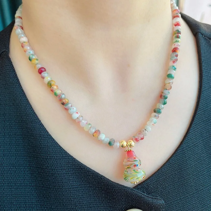 

Retro Gourd Shape Pendant Necklace Mixed Colorful Multi-section Colored Stone New Chinese Phoenix Tail Pattern Glazed Earrings