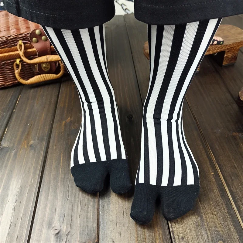 Bright Silk Ribbed Colored Vertical Stripes Retro Combed Cotton Split Toe Woman Socks Soft Two-Toed Japanese Women's Tabi Sox