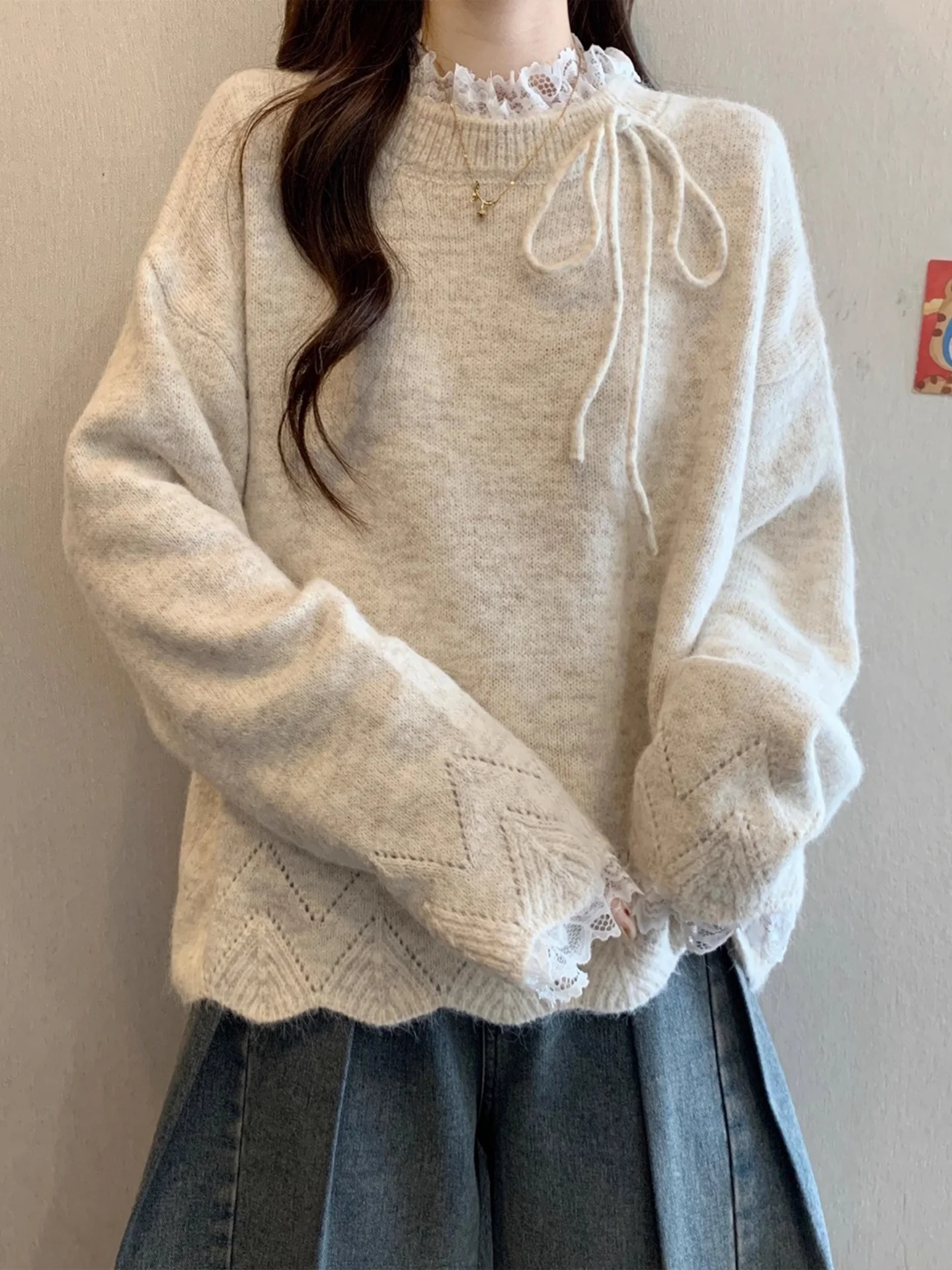 

Ele Lace Splice Long Sve Knitted Sweater Women's plus Size Autumn Winter Faionable Top Not a Two-Piece Ensemble