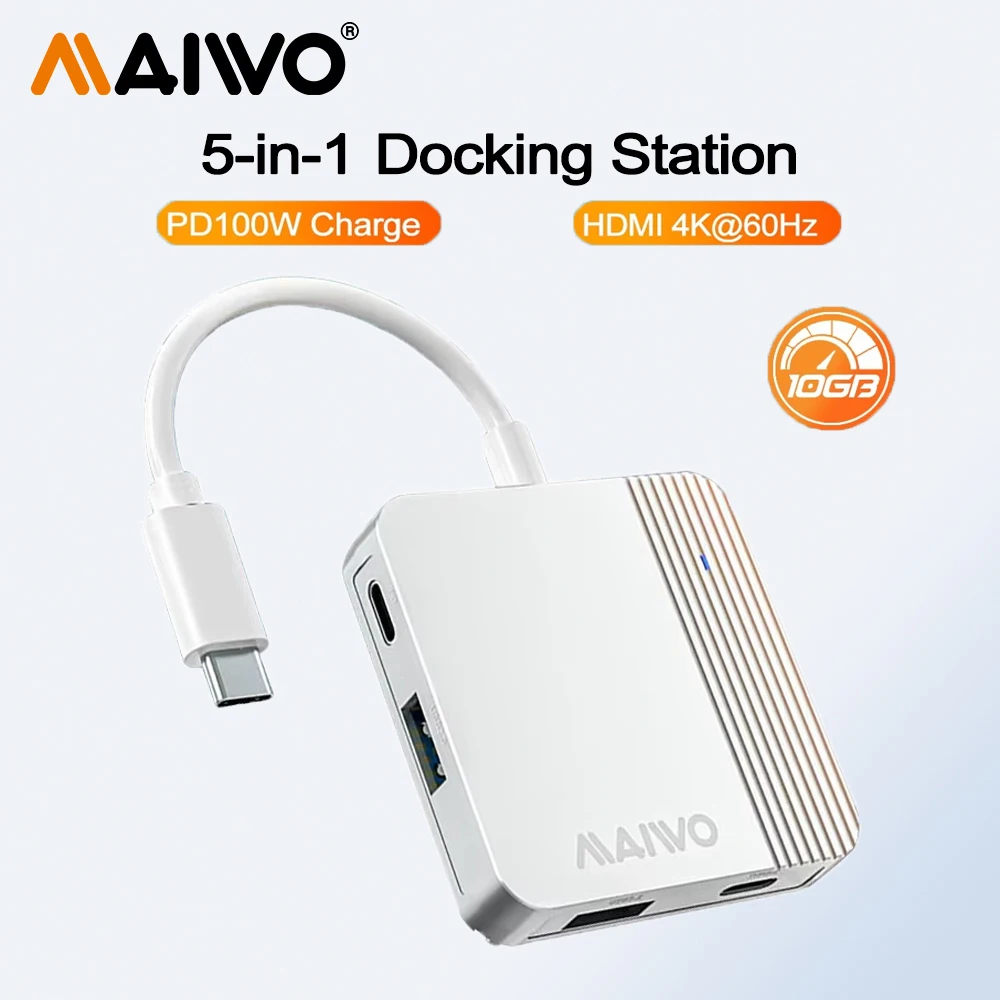 

MAIWO 10Gbps 5-in-1 USB Hub Adapte Type-C 3.2 Dock Station with 4K HDMI Output USB3.2 Transfer Port PD 100W USB C charging port