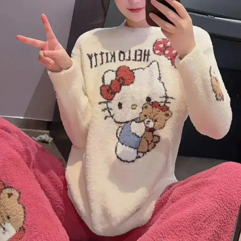 Kawaii كيتي القط 2 قطعة منامة فتاة طويلة الأكمام المتسكعون الحلو طالب فتاة شابة ملابس المنزل الدافئة ملابس خاصة مجموعة