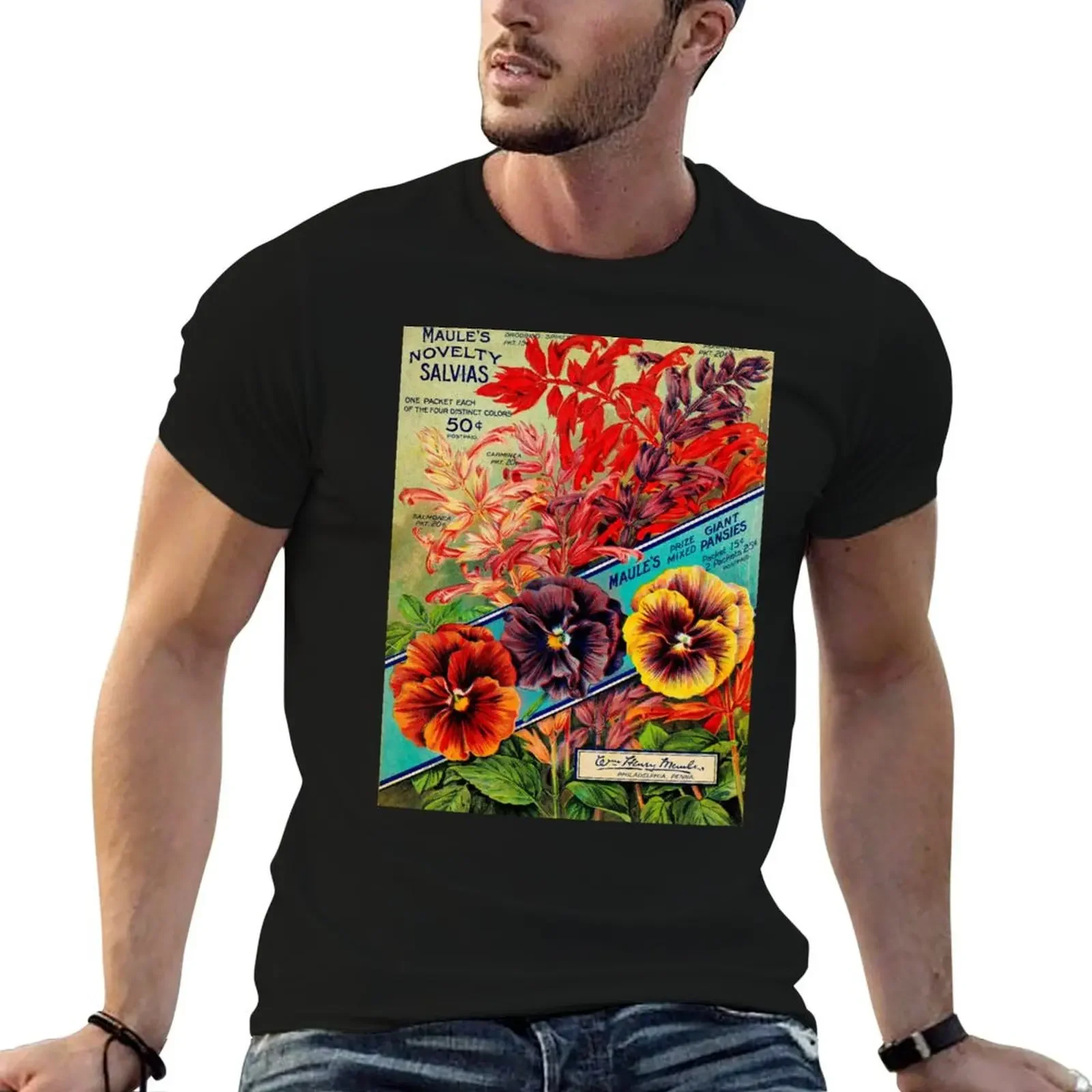 Vintage Maule's Novelty Salvia & Giant Pansies Floral Ad T-Shirt anime stuff sweat shirts, men