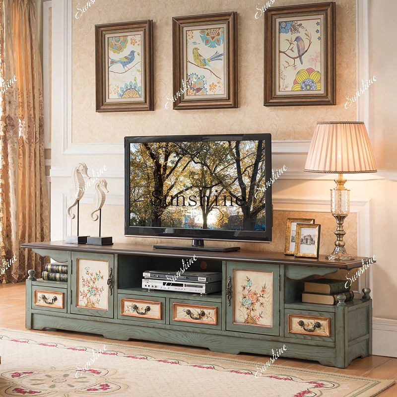 Mediterranean TV cabinet combination solid wood coffee table old-fashioned simple modern small apartment