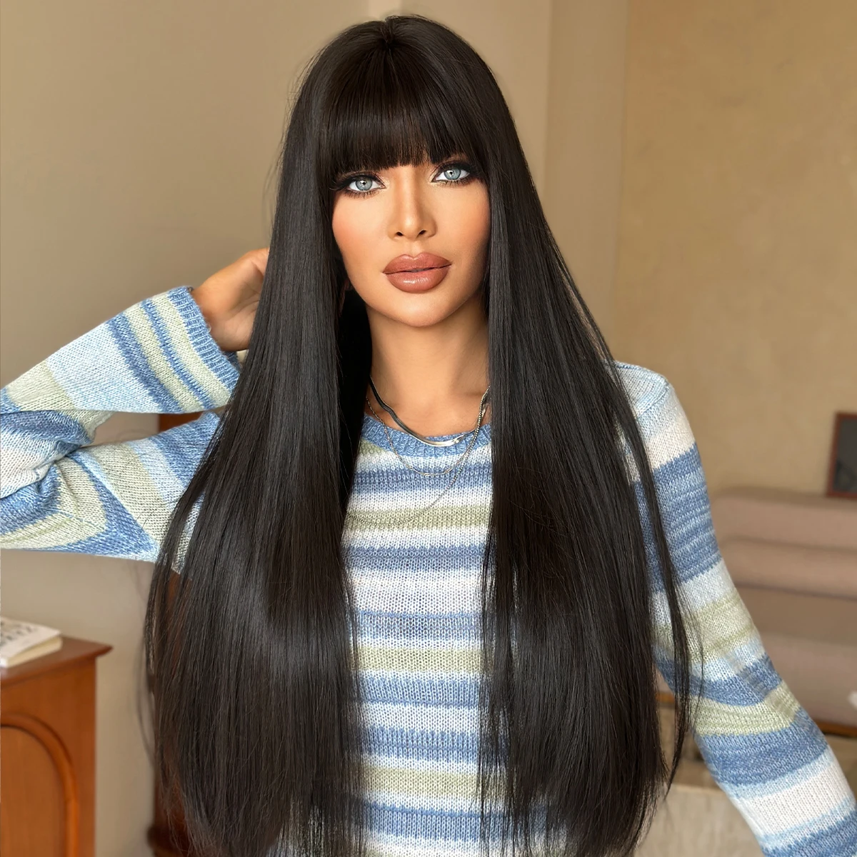 7JHH WIGS Long Straight Black Wig for Women Synthetic Heat-Resistant Modest Fashion Wear and Go Black Wigs with Neat Bangs - view 2