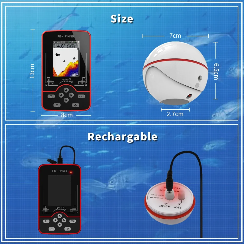 Erchang Fish Finder Wireless Sounder For Fishing 60m/197ft Depth Rechargeable Echo Sounder Sonar Fishing Portable Fish Finder