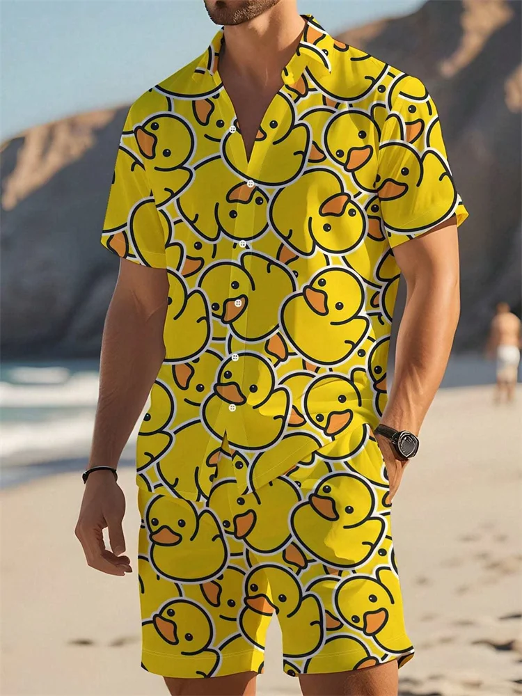 Hawaii Shirt Set Mens Yellow Duck Print Fashion Pattern Summer Fashion Casual Daily Large Button Down Shirt Shorts Two Piece Set