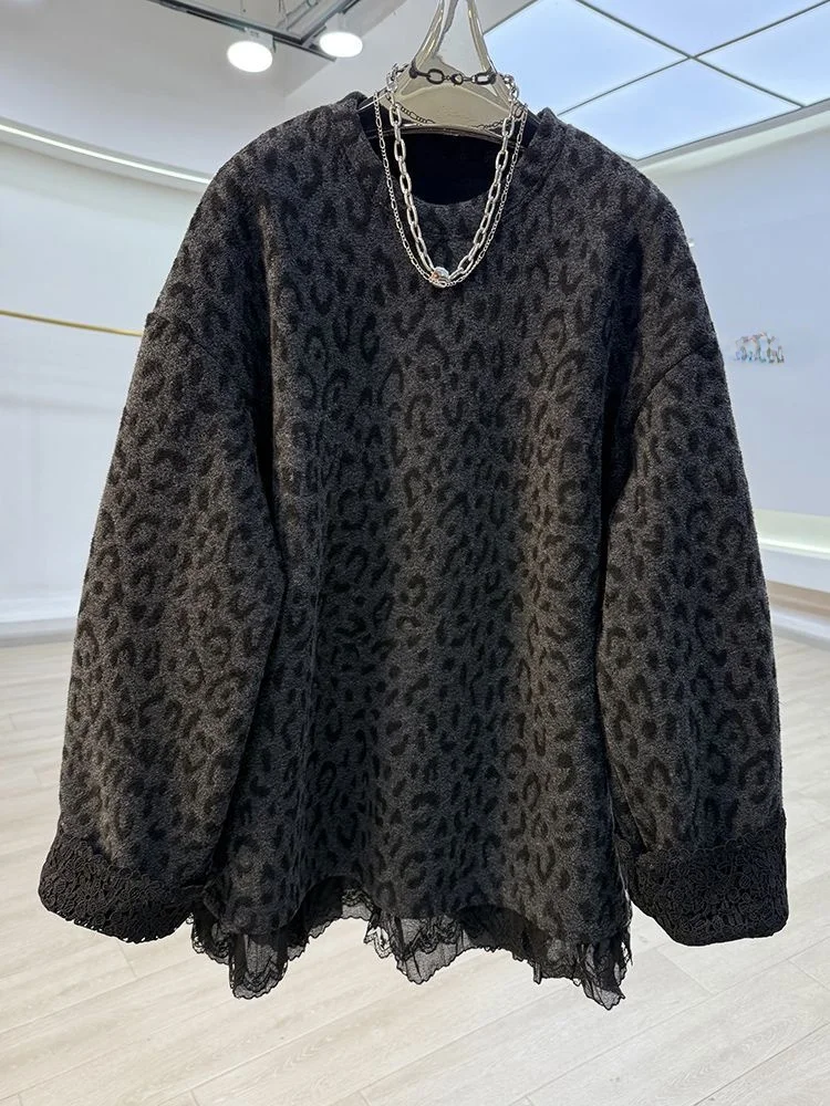 

Женская толстовка больших размеров с леопардовым принтом, на флисовой подкладке, свободного кроя, с кружевными вставками, теплая, для осени и зимы, в уличном стиле