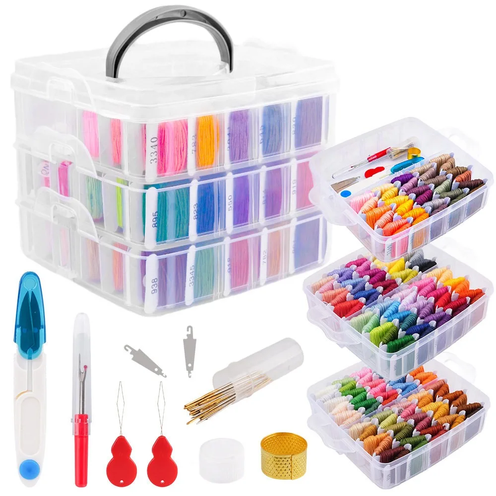 

2026 Embroidery Starter Kit Dyed Punch Needle Tool Cross Stitch Thread Organizer Storage Box Essential Supplies for Embroidery