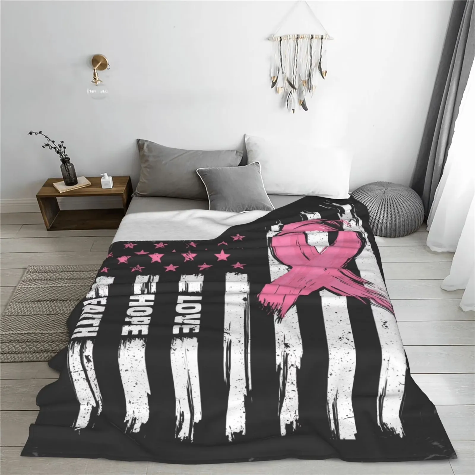 Breast Cancer Awareness Ribbon Fleece Throw Blanket Black American Flag Print Super Soft