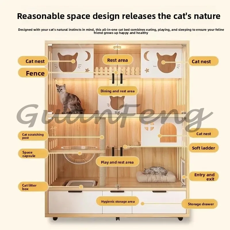 Luxury Cat Villa Cabinet Household Indoor Free‑Space  Cage Integrated Cat Nest With Built‑in  Litter Box