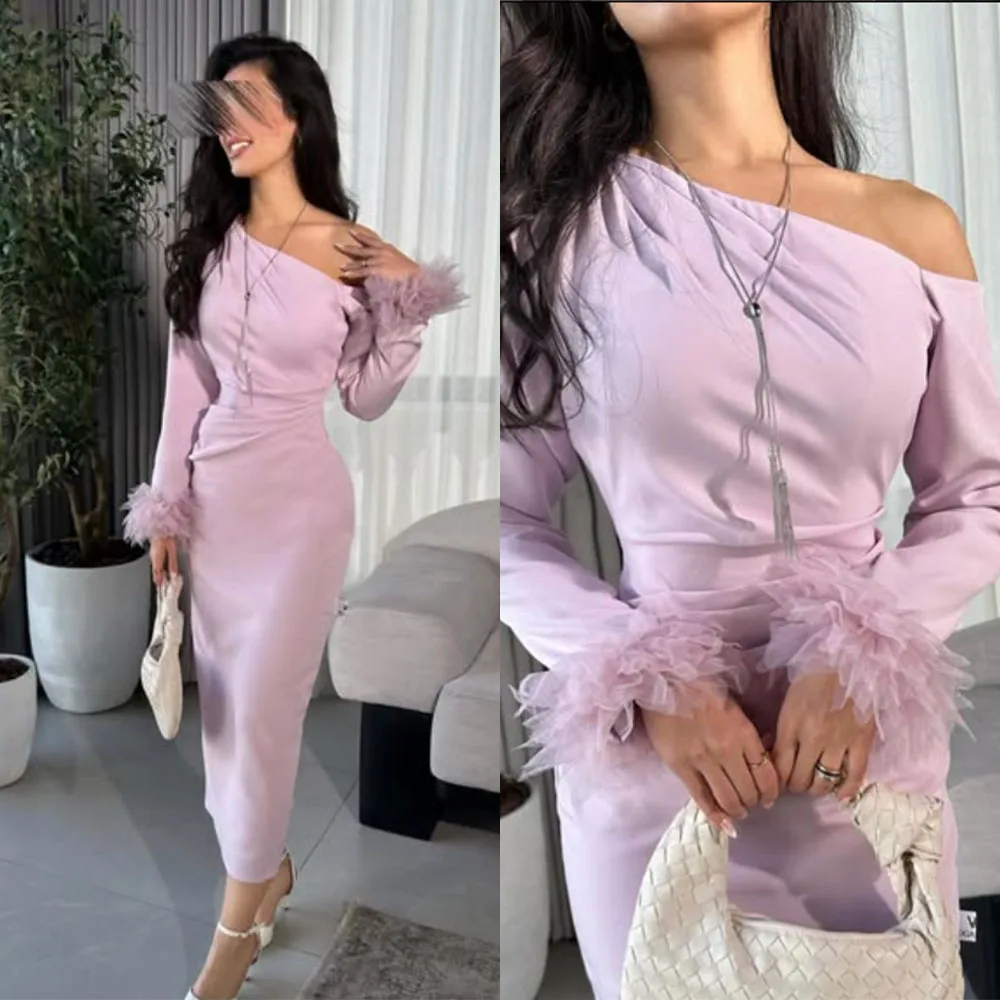 

Высокое качество по индивидуальному заказу с перьями на одно плечо, фиолетовое женское элегантное платье длиной до щиколотки, роскошное свадебное платье для гостей فساتين حفلات 2004, значение