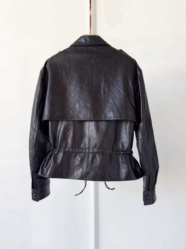 High Quality Chic Ladies Genuine Leather Short Jacket Zipper Turndown Collar Women Retro Oil Wax Sheepskin Jackets Casual Coat