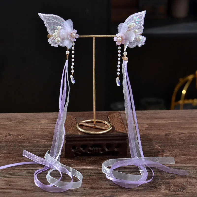 Hanfu – accessoires pour cheveux, 1 paire, ruban en dentelle papillon, épingle à cheveux à franges, Style ancien, accessoires pour cheveux pour femmes, Super naturel