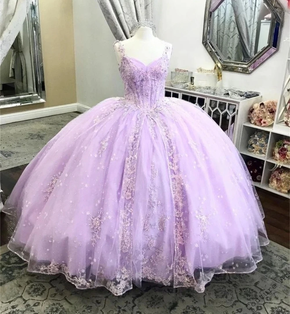 Vestido de princesa lavanda para quinceañera, traje de baile con tirantes finos, tul con cuentas, personalizado, 15 Años, 16