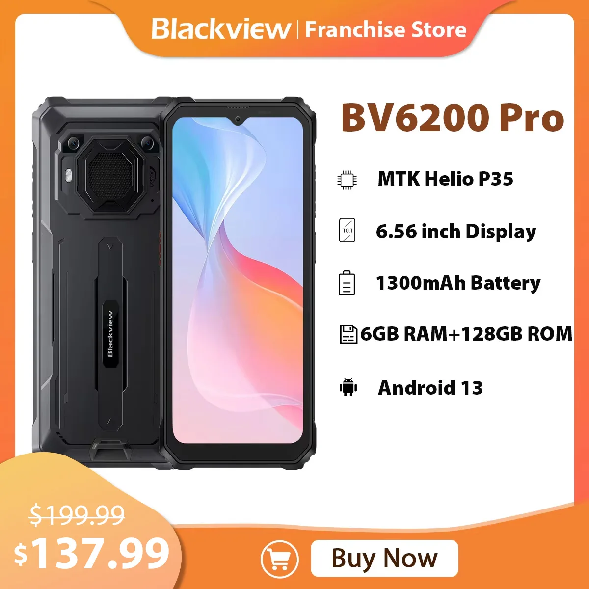 Blackview BV6200 Pro Rugged Phone 6.56 Inches HD+ IPS 6GB+128GB 4G Dual Sim 1300mAh Battery 8MP+13MP Camera Fingerprint Unlock