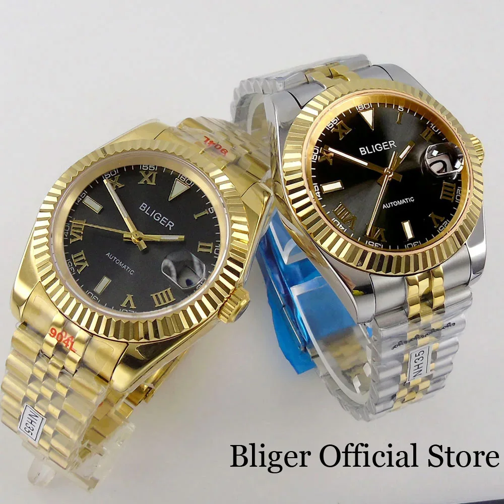 

BLIGER 36mm 39mm Fluted Bezel NH35A Automatic Men Watch Two Tone Gold Roman Numbers Grey Dial Jubilee Bracelet Sapphire Glass