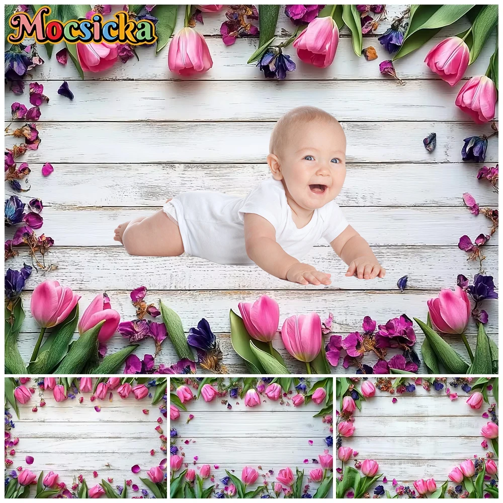 Mocsicka White Wooden Board Pink Tulip Floral Photography Backdrop Wedding Birthday Flower Photo Background Portrait Shoot Decor