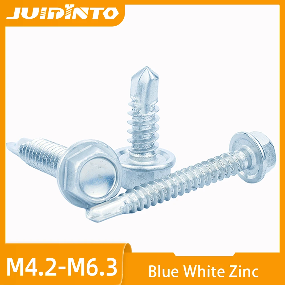 10-20pcs/bag Hex Washer Head Self Drilling Screw Without Rubber Washer Bule White Zinc Plated M4.2 M4.8 M5.5 M6.3 8# 10# 12# 14#