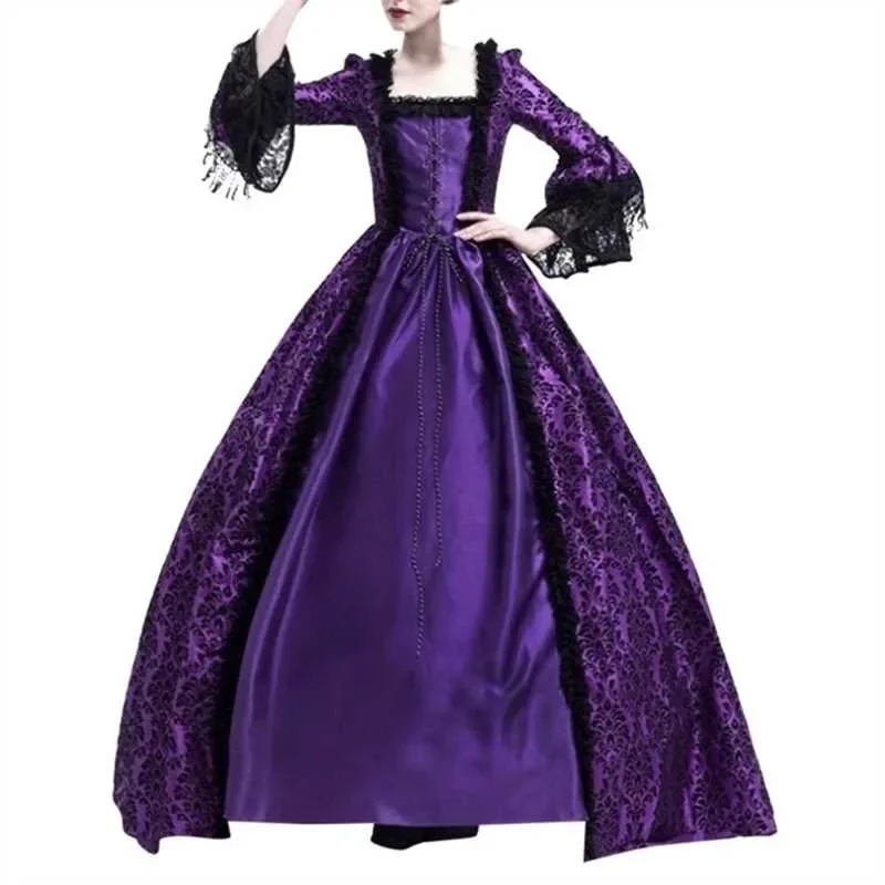 Women's Vintage Dress Medieval Victorian Court Lace Stitching Dress Gothic Long Sleeve Dress Cosplay Party Costume S-5XL