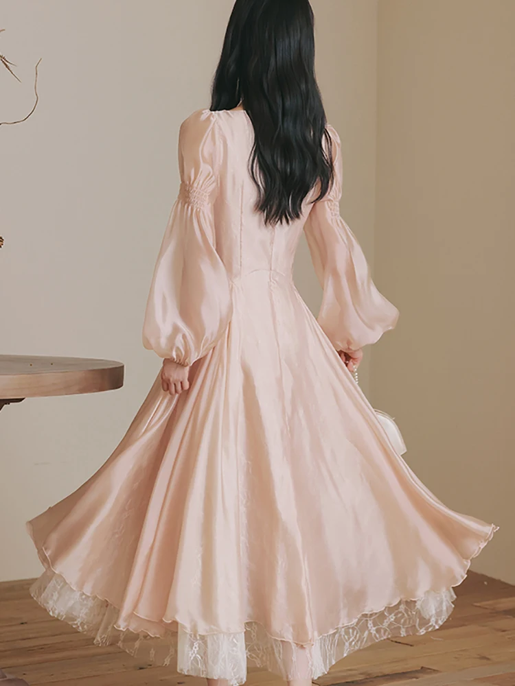 Outono inverno rosa malha chique renda gola quadrada maxi vestido feminino elegante casual casa vestido 2025 moda coreana bodycon vestidos