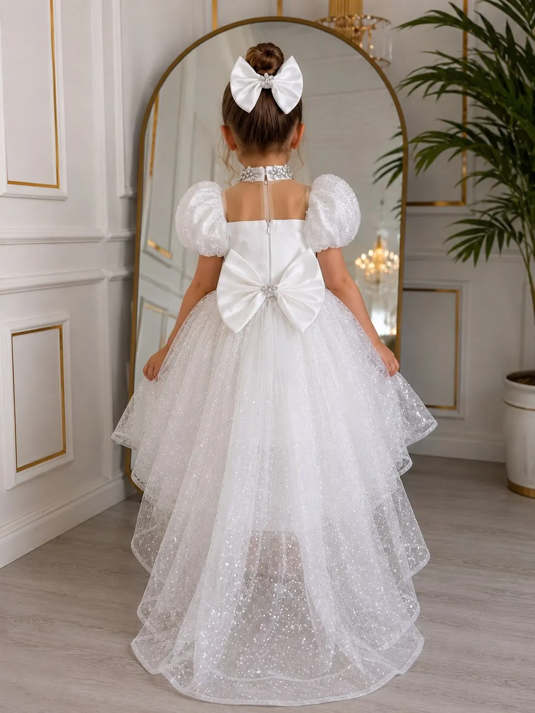 Princess Flower Girl Dresses for Wedding Short Sleeves with Bow Knee Lenght Kids Birthday Party First Communion Gown Custom