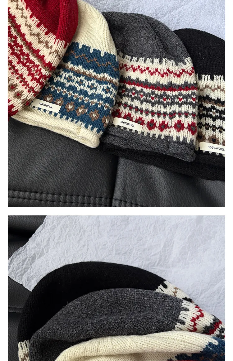 100% Wolle Retro Fairland Jacquard Strickmützen für Damen Herbst Winter Dick Warm Gesichtsformend Vielseitige Slouchy Kopfwickelmütze – Detail 5
