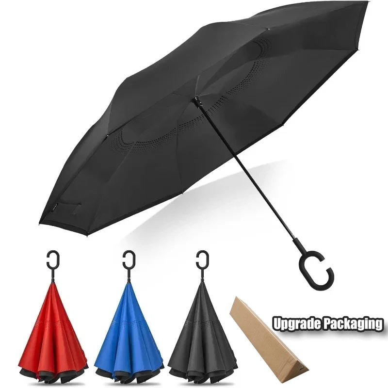 Universal Umbrella C-shaped Handle Windproof Double-layer Long-handled Umbrella Inverted Folding Umbrella Car Reverse Umbrella