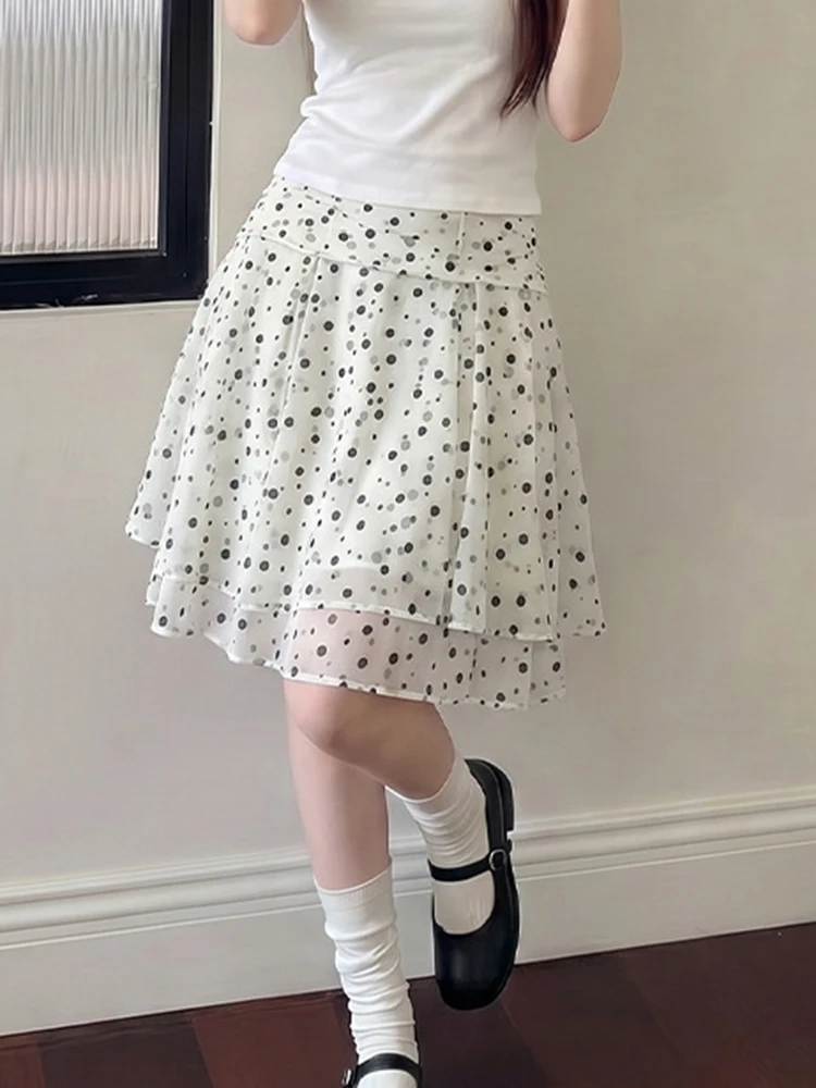 Chiffon Dot Midi Skirt Women High Waist Sweet Fashion Elegant Skirts Summer Casual Loose Female Floral Soft Cute A Line Skirt