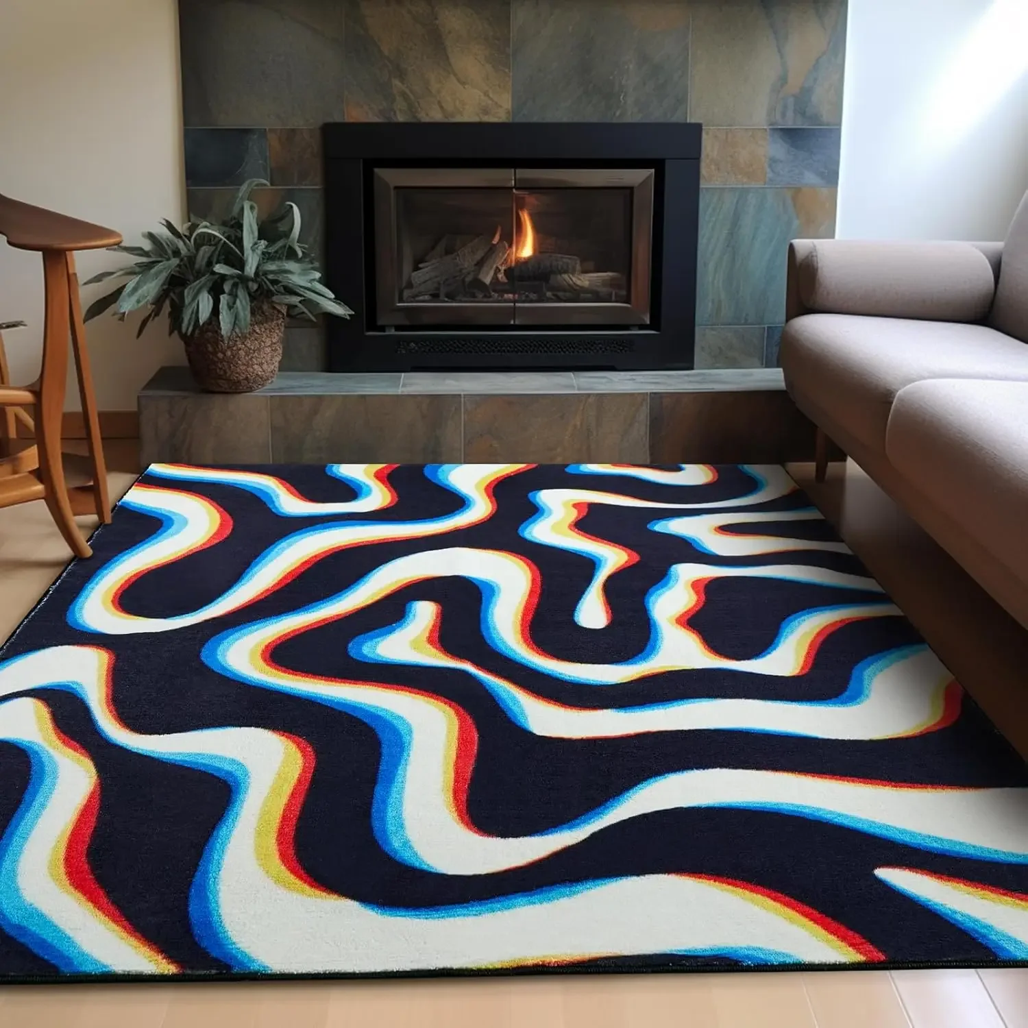Psychedelic Wave Area Rug Modern 2D Illusion Colorful Flowing Line Carpet For Living Room Abstract Bedroom Decor Soft Floor Mat