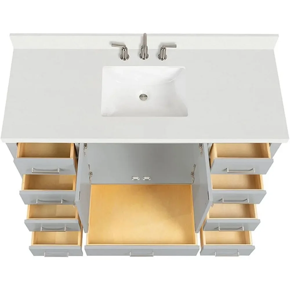 Bathroom Vanity with Edge Pure White Quartz Countertop & Backsplash, Center Rectangular Sink, 2 Soft Closing Doors