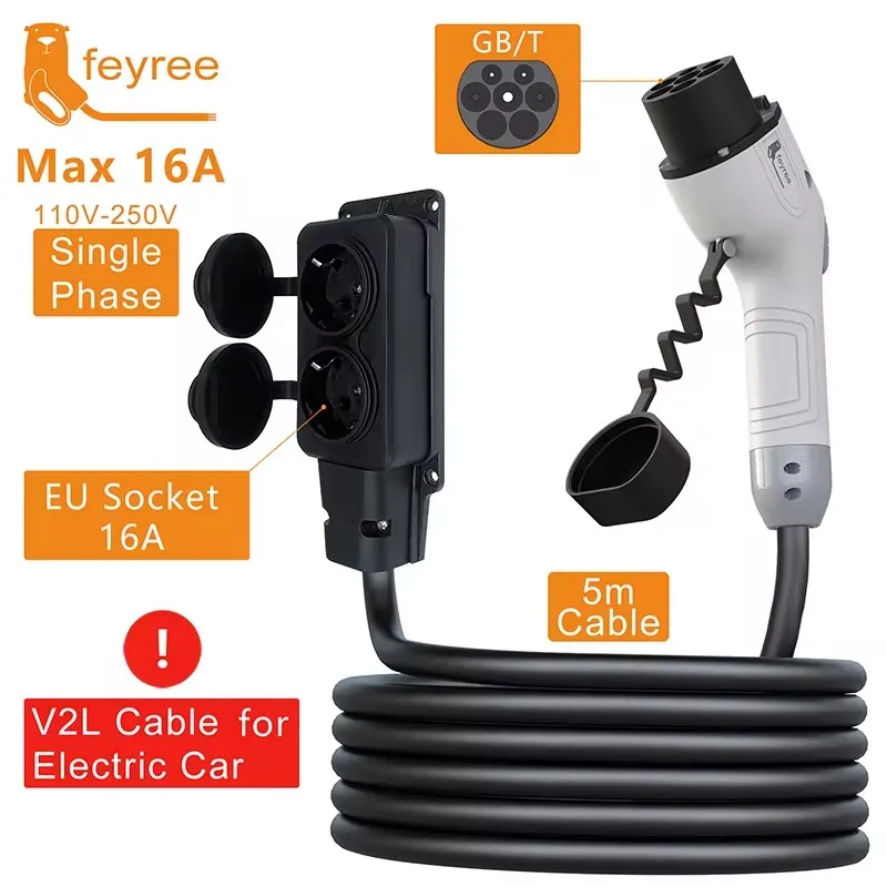 Feyree V2L Cable Discharge Plug EV Charger GBT Socket 16A Charging Cable 5m with EU Adapter Outdoor Power Station Electric Car