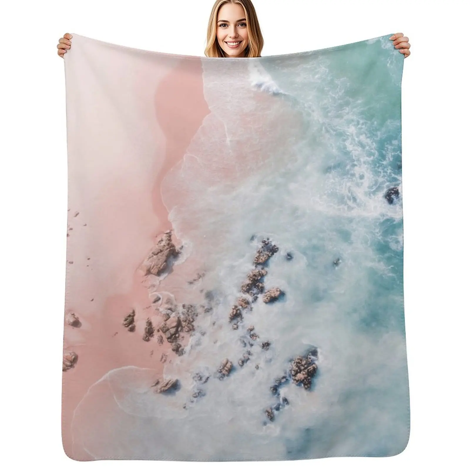 Sea Bliss - Aerial Pink Beach Ocean Sea photography by Ingrid Beddoes Throw Blanket Spring Fall Cozy Throw Blanket for Couch