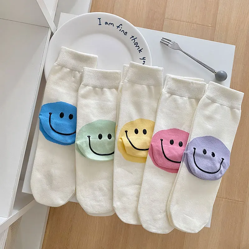 Sock Women Good-looking Heel Dot Glue Big Smiley Print Midtube Summer Thin Ins Design Preppy Sports Mid-tube Comfortable Socks