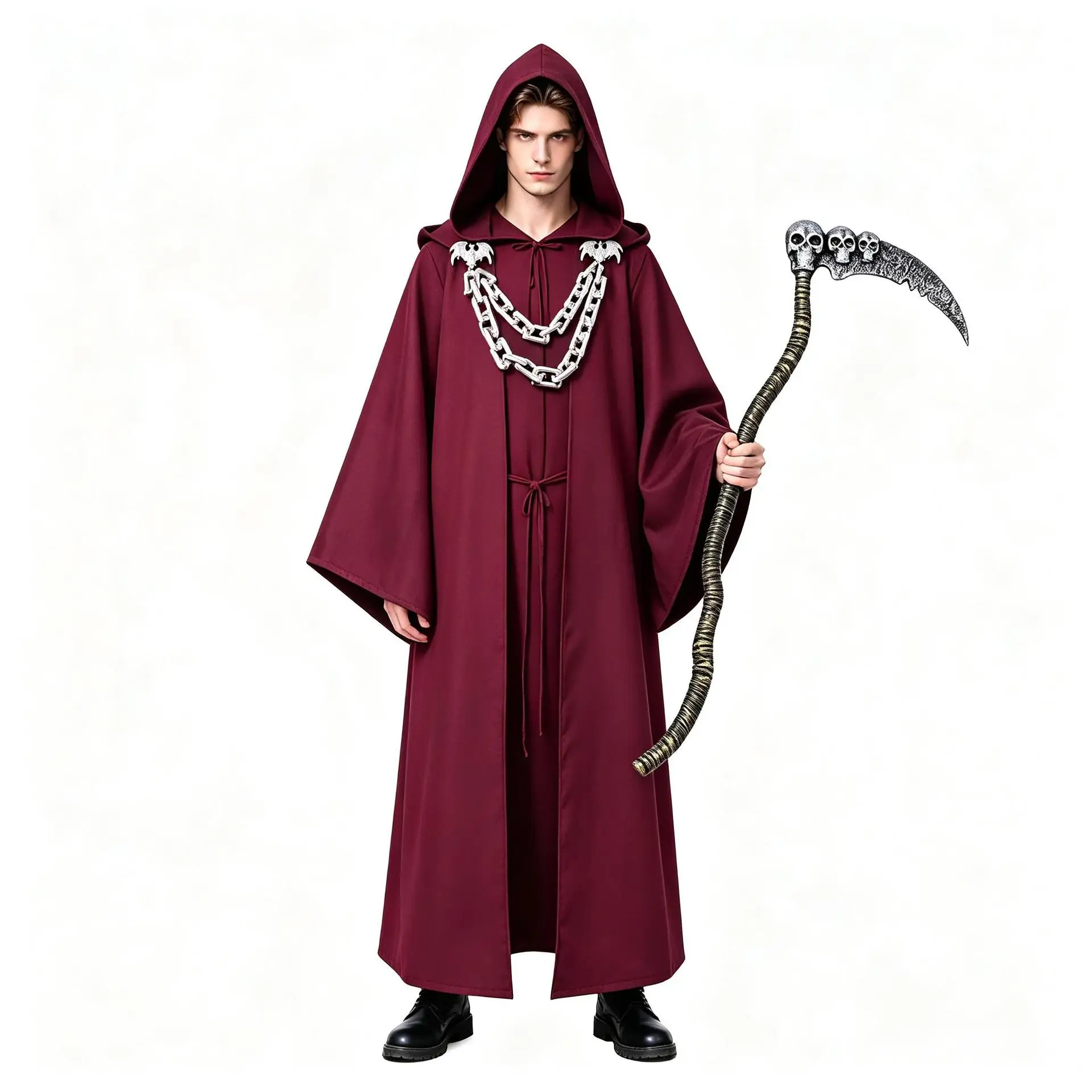 Halloween Dark Chain Hooded Robe Set Medieval Wizard Priest Role-Playing Party Performance Costume