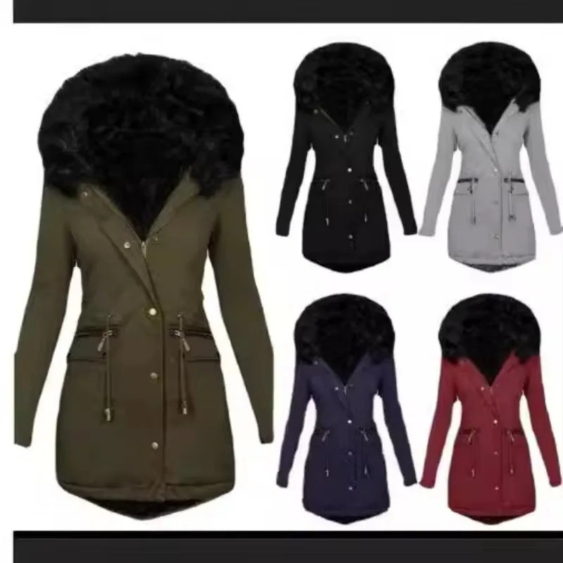 Kerah Bulu Warna Solid Berkerudung Pakaian Wanita Tipis Ramping Baru Jaket Ritsleting Mantel Parka Musim Gugur Musim Dingin
