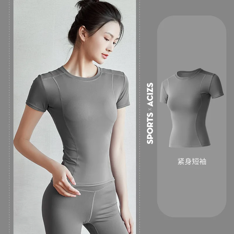 Fitness Sports T-shirt Women Solid Color V Neck Short Sleeve Moisture Wicking Athletic Shirts Top Ladies Sport Activewear Top