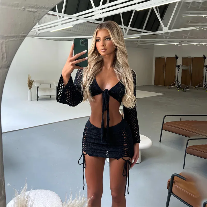 

2024 Summer New Women's Solid Color Sexy Knitted Beach Bikini Swimsuit Cover Up Sun Protection Set