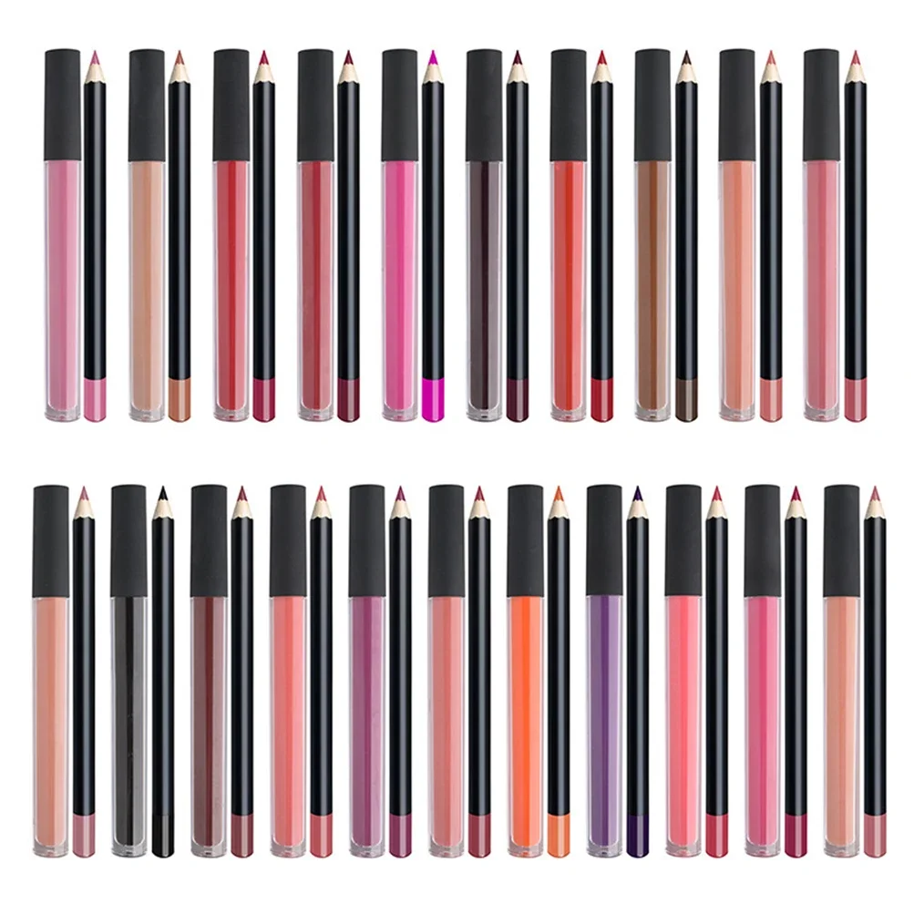 21 Color Lipgloss Custom Matte Non-stick Combination Pigment Private Label Liquid Lipstick Lip Liner Set Bulk Makeup