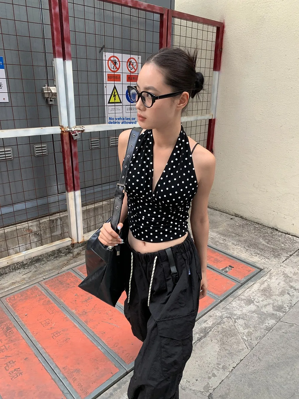 

JIANHE 2025 г., сексуальный черный топ в горошек с V-образным вырезом, висящий Ne, женский высококачественный жилет, повседневный жилет из смеси хлопка