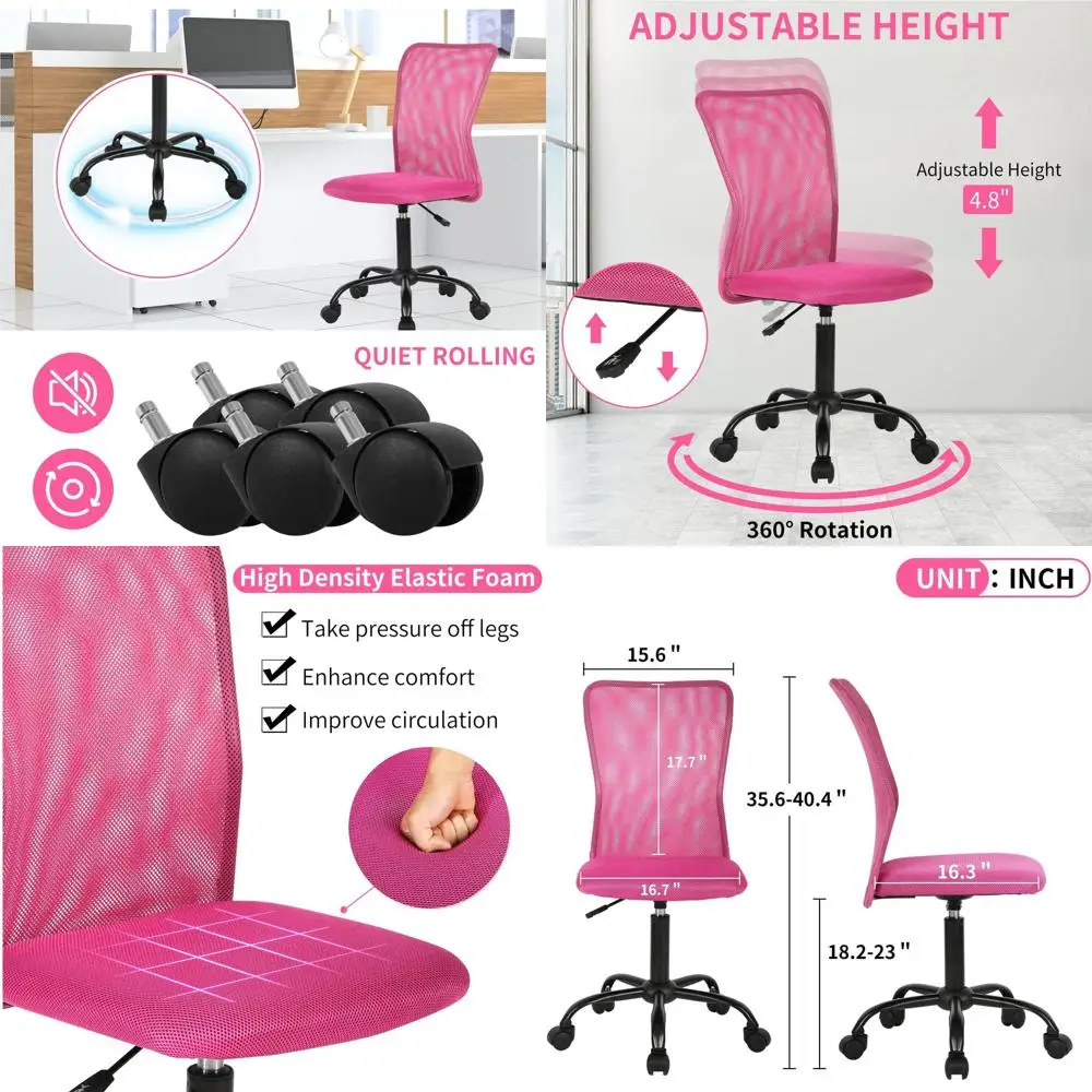 

Розовое эргономичное сетчатое офисное кресло с регулировкой высоты, поворотным механизмом, поясничной опорой и без подлокотников