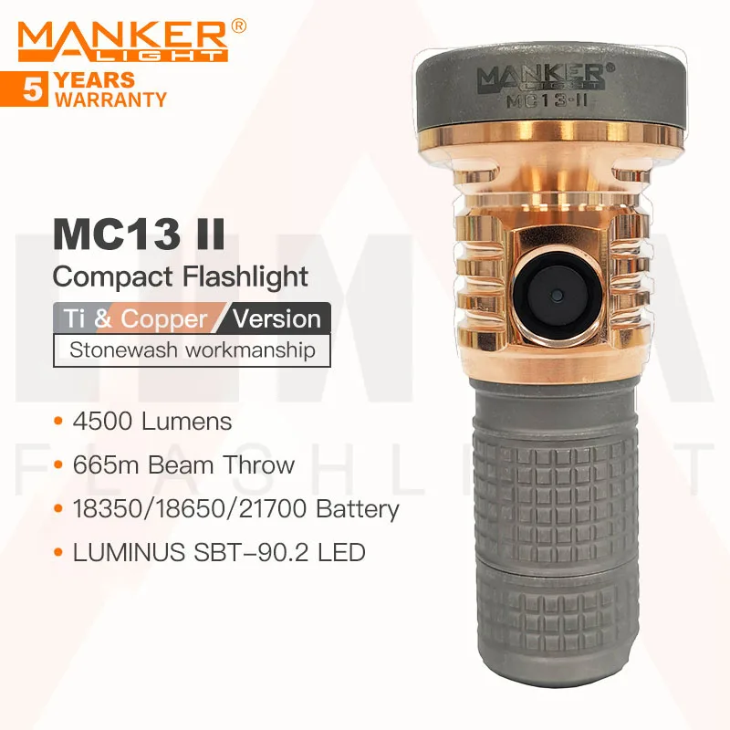 MANKER MC13 II (Titanium + Red Copper Version, Stonewash) Rechargeable LED Flashlight, 4500 Lumen, Compatible with Multi Battery