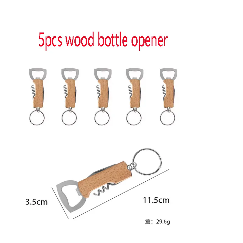 5Pcs Multifunctional 3 in 1 Corkscrew & Opener Peeler Key Chain Wood Handle Wine Core Screw Supplies Wedding Gifts For Guests